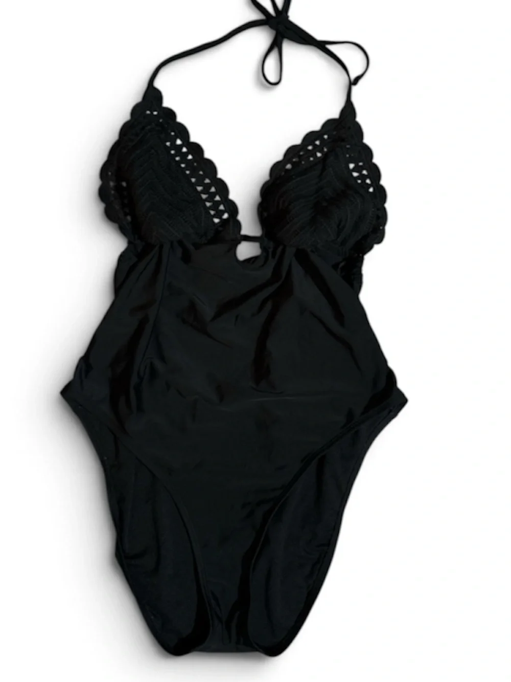 Black Crochet-Trim Halter One-Piece Swimsuit